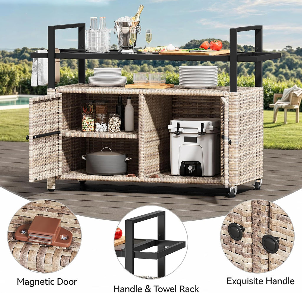 YITAHOME XL Outdoor Storage Cabinet, Outdoor Storage Cart with Wheels and Black Glass Table Top for Patio, Outdoor Cabinet for Poolside and Backyard (Light Brown)