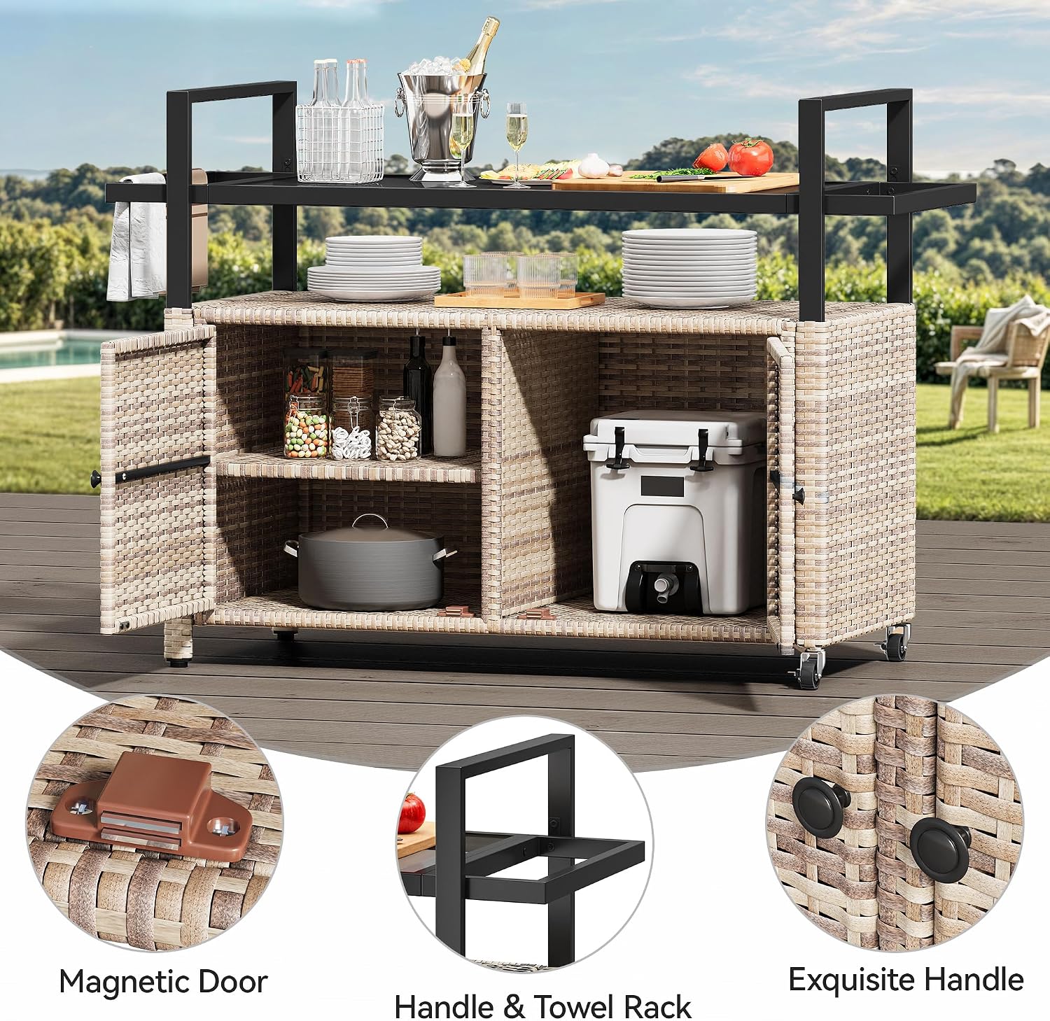 YITAHOME XL Outdoor Storage Cabinet, Outdoor Storage Cart with Wheels and Black Glass Table Top for Patio, Outdoor Cabinet for Poolside and Backyard (Light Brown)