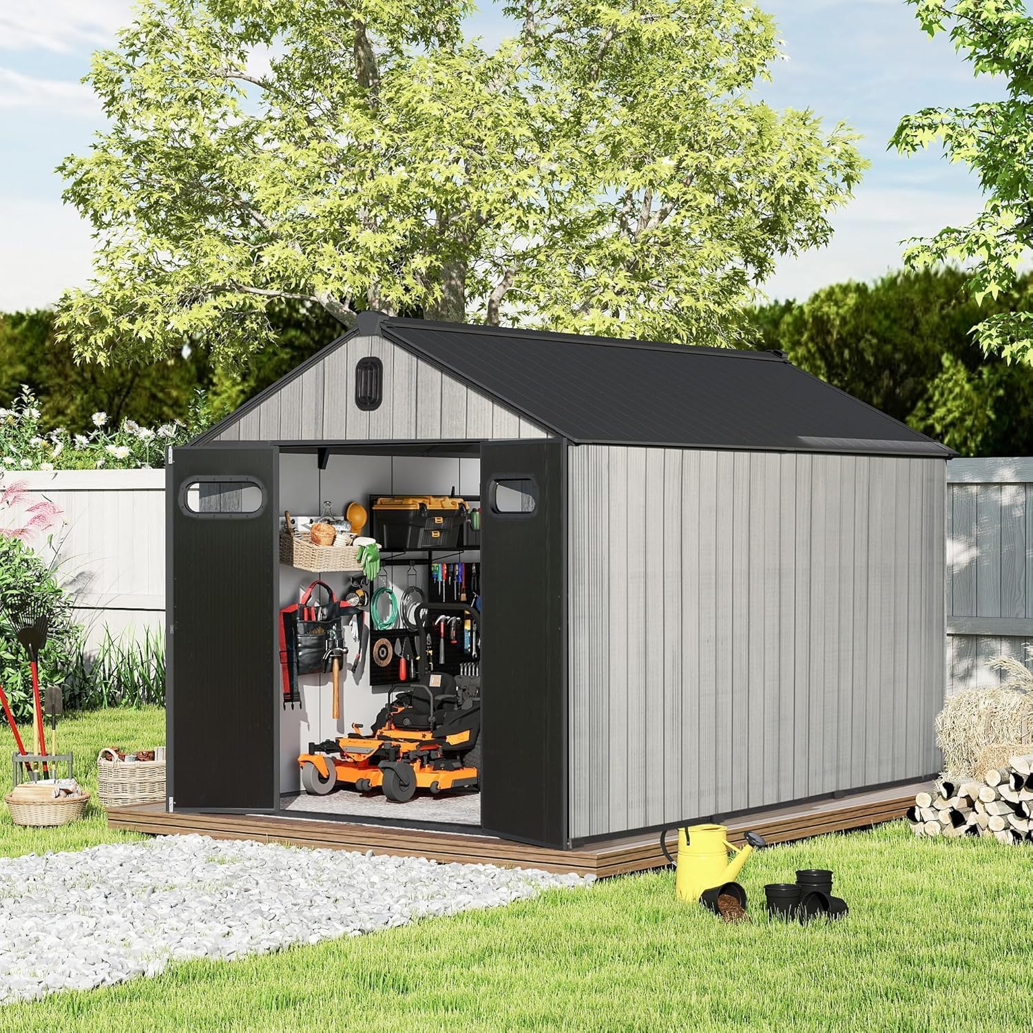 Domi 8X12FT Resin Outdoor Storage Shed, Plastic Garden Shed with Carpet, All Weather Outside Storage Building for Lawn Mower, Tools, Bike, Backyard