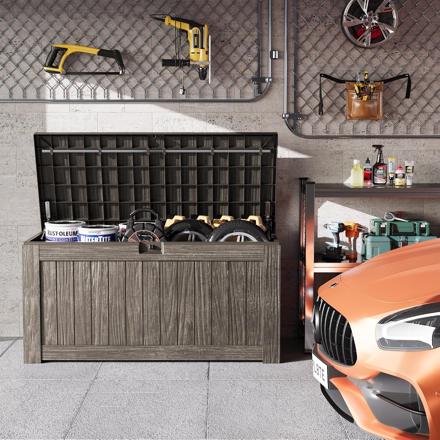 Greesum Outdoor Storage Box 120 Gallon Storage Bin with Lid for Patio Furniture, Garden Tools, Pool Supplies, Lockable, Waterproof and UV Resistant, Coffee