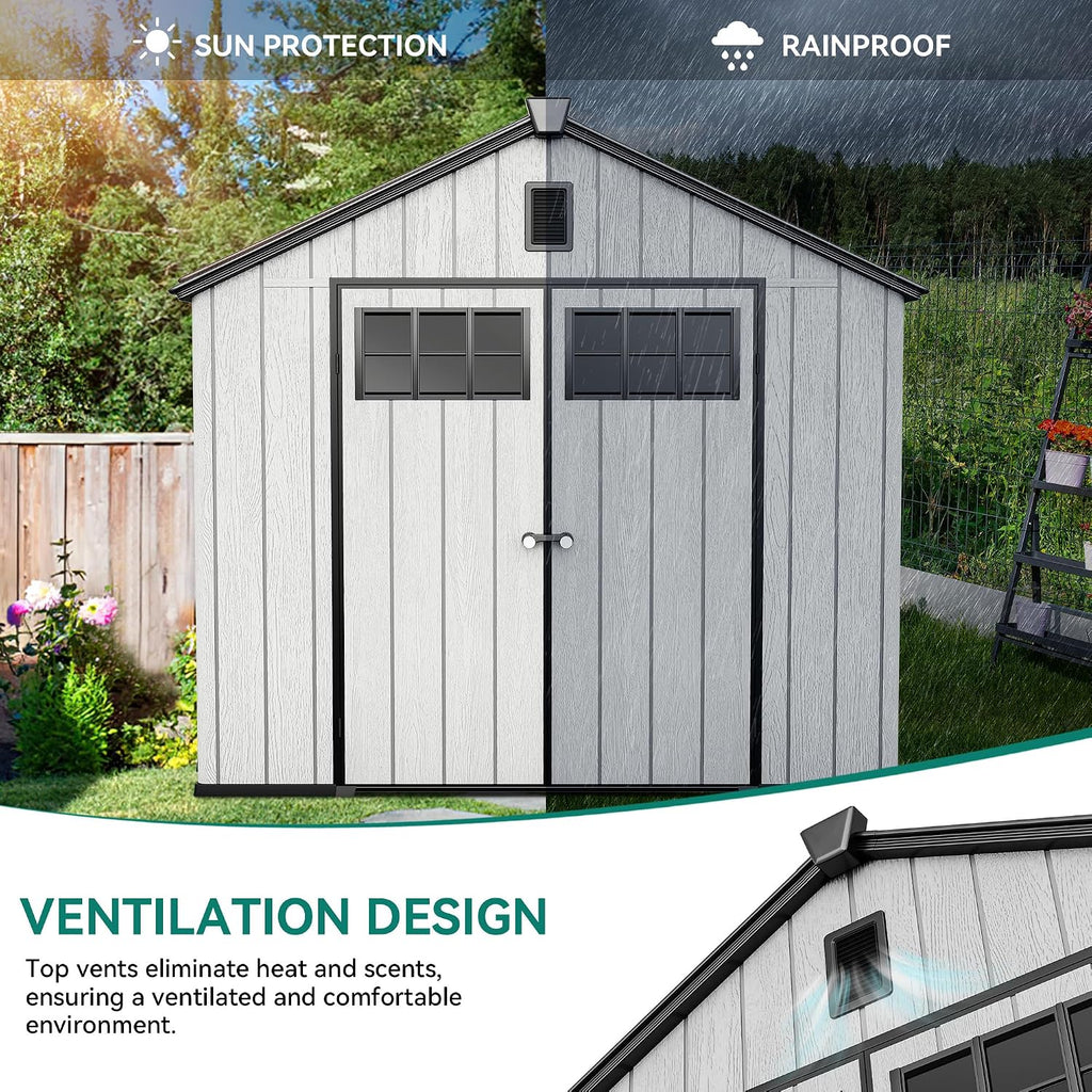 YITAHOME 8x10ft Outdoor Plastic Storage Shed with Floor, Extra Thick Waterproof Garden Shed with Lockable Door, Oval Vision Windows &Vents, 16mm Heavy Duty Tool Storage for Patio, Lawn, Gray