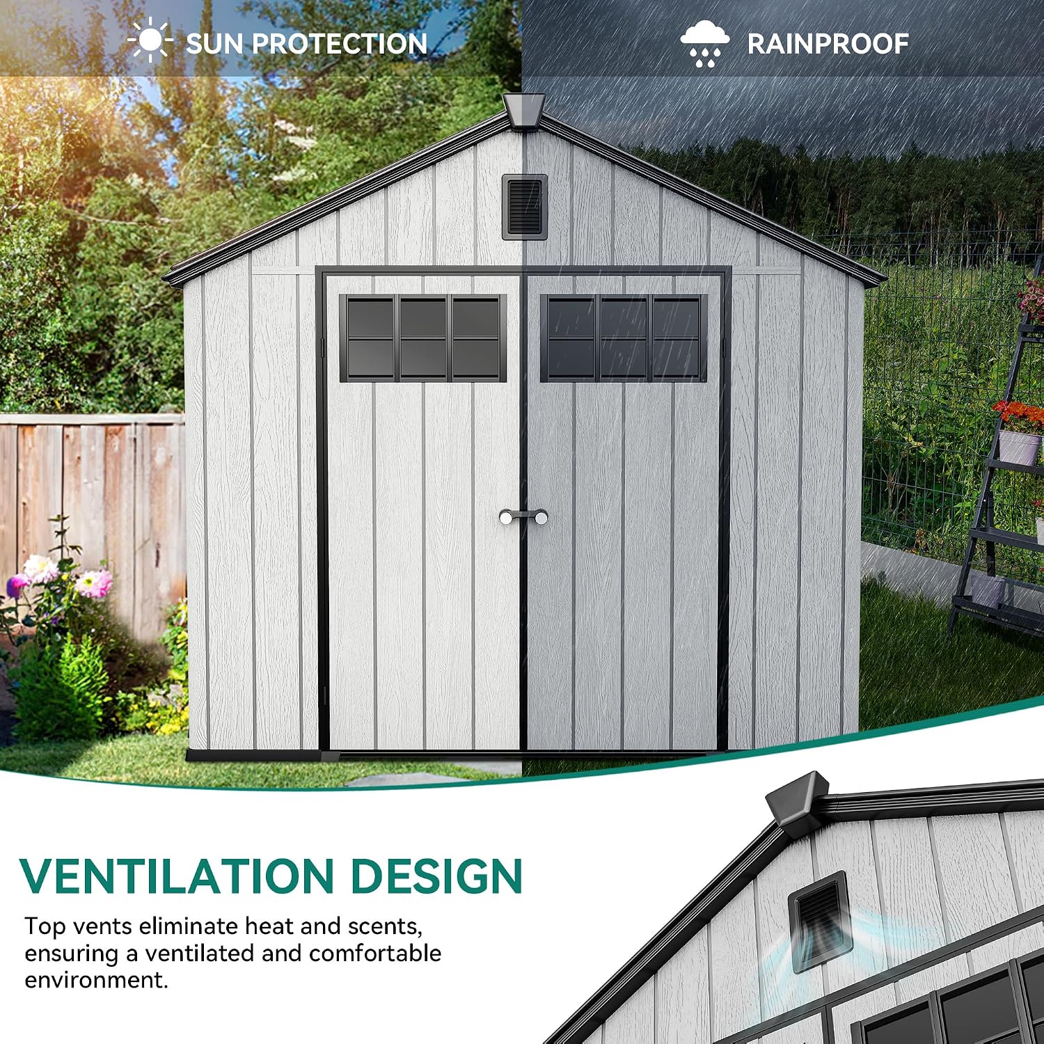 YITAHOME 8x10ft Outdoor Plastic Storage Shed with Floor, Extra Thick Waterproof Garden Shed with Lockable Door, Oval Vision Windows &Vents, 16mm Heavy Duty Tool Storage for Patio, Lawn, Gray
