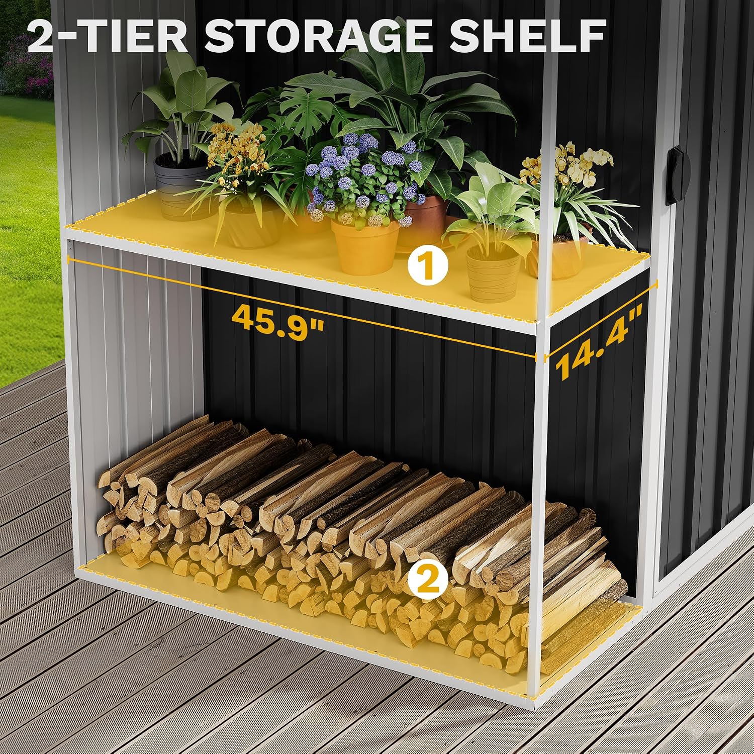 DWVO Outdoor Storage Shed 8x4FT with Rack, Metal Garden Shed with Storage Shelves, Bike Storage Tool Cabinet Box for Lawn Backyard Patio Use, Dark Gray