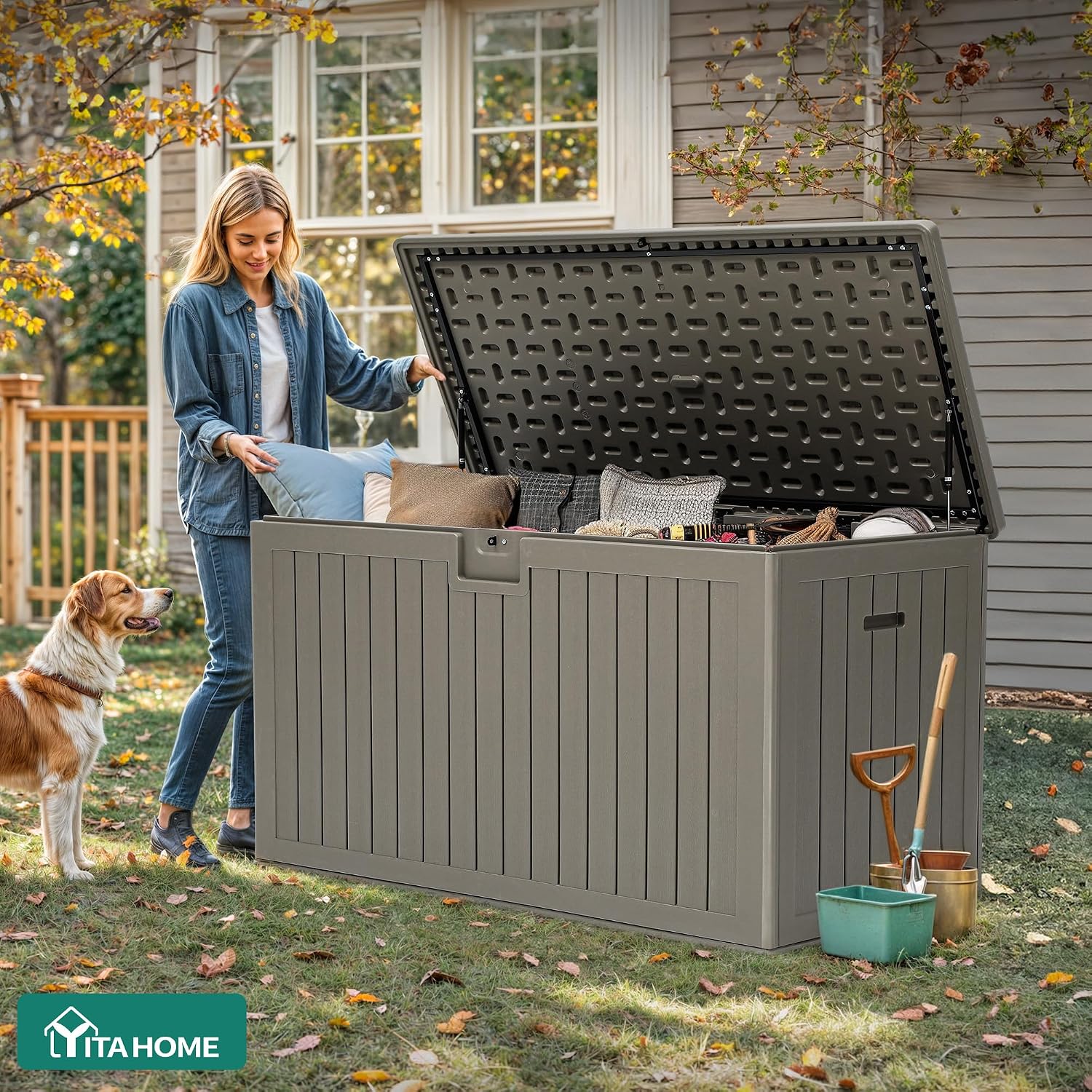 YITAHOME 220 Gallon Double-Wall Deck Box with Divider & Side Handles, Outdoor Large Storage for Patio Furniture Cushions, Garden Pool Accessories, Water Resistant & Lockable