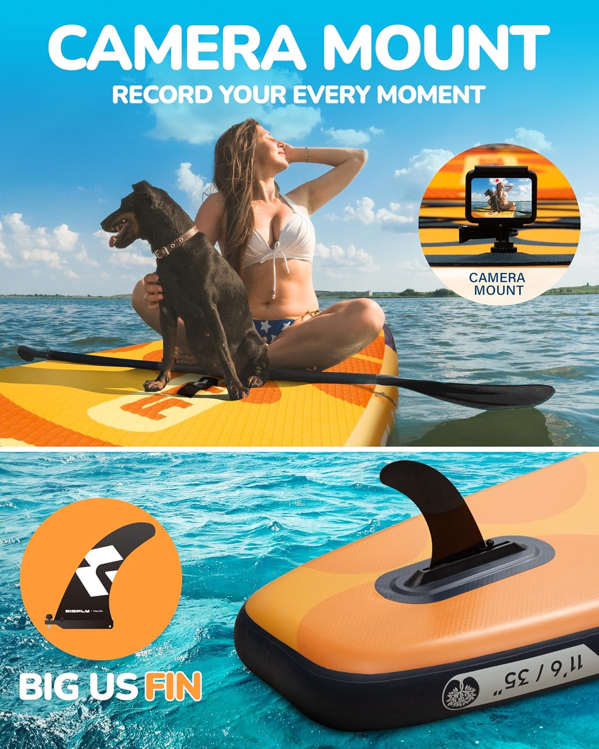 Bigfly 11'6×35' Super Wide Inflatable Stand Up Paddle Board, Ultra Stable Wide SUP for 2+1 People/Family/Big Size, 100L Backpack, All-Round Sup Board, US Big Fin