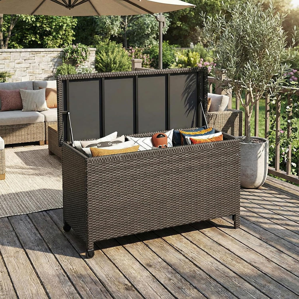 Wicker Deck Box, 185 Gallon All-Weather Outdoor Storage Box, Rattan Storage Bin for Patio Furniture, Outdoor Cushions, Pool Storage and Garden Tools, Brown