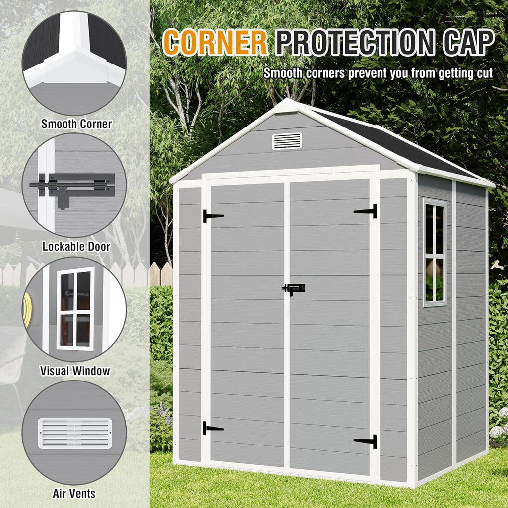Outdoor Storage Shed 6x5 FT, Resin Shed with Floor & Window, Lockable Door, Vents, Outside Sheds & Garden Shed for Patio Furniture, Gardening Tools, Pool Equipment (Grey, 6 * 5ft)