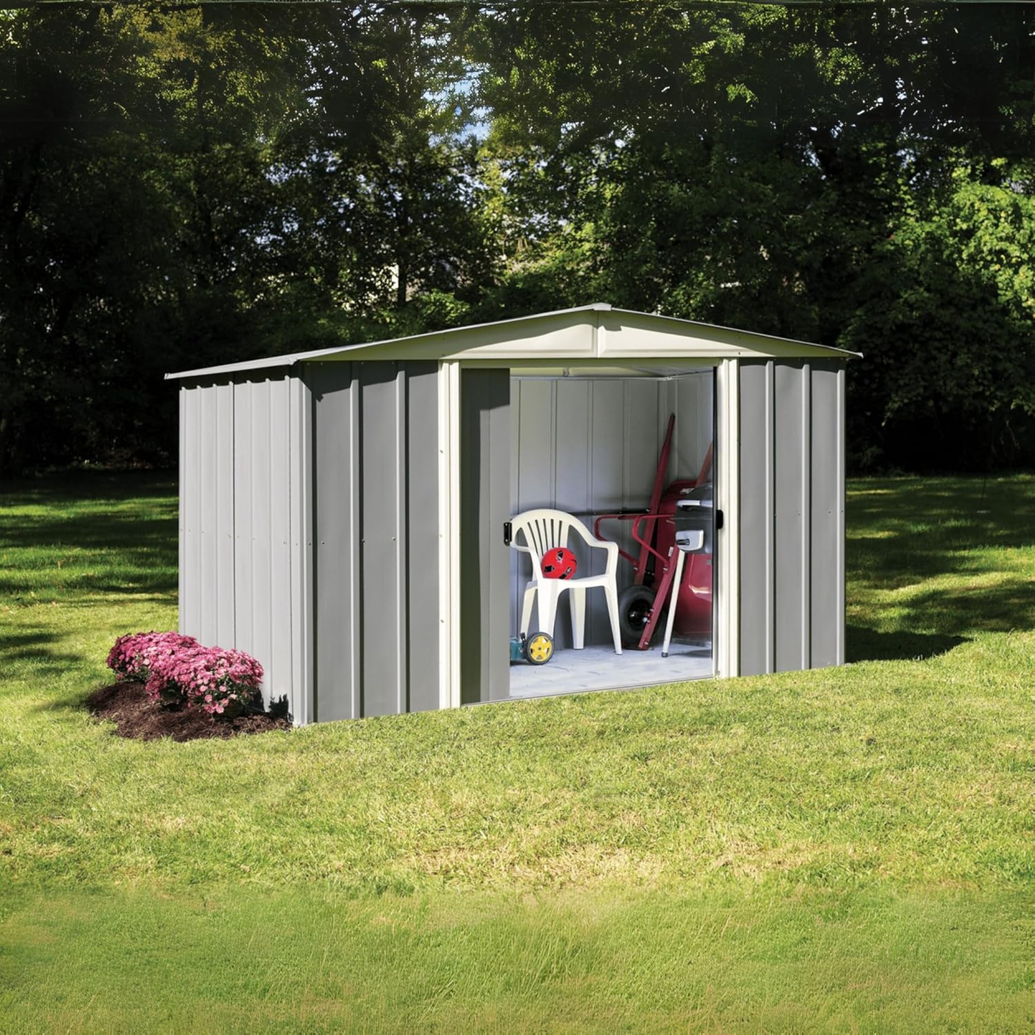 10x6 Gable-Roof Metal Shed–Durable Outdoor Storage Shed for Lawn Equipment, Pool Supplies, Bicycles, Tools, and Garden Storage – Weather-Resistant and Easy Assembly Gray w/Skylight
