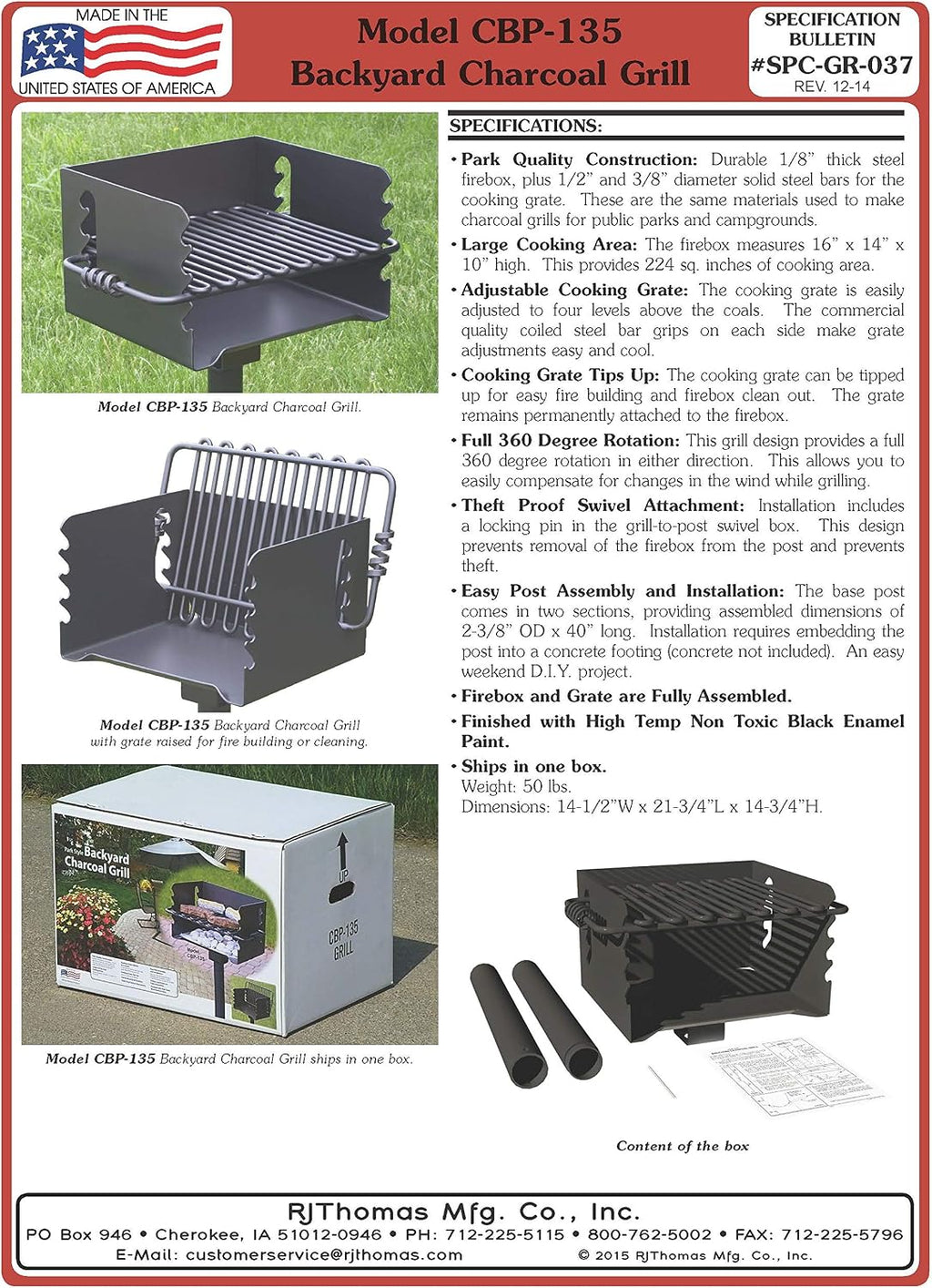 Pilot Rock CBP-135 Charcoal Grill, Park Style Outdoor BBQ Camping Grill with Swivel