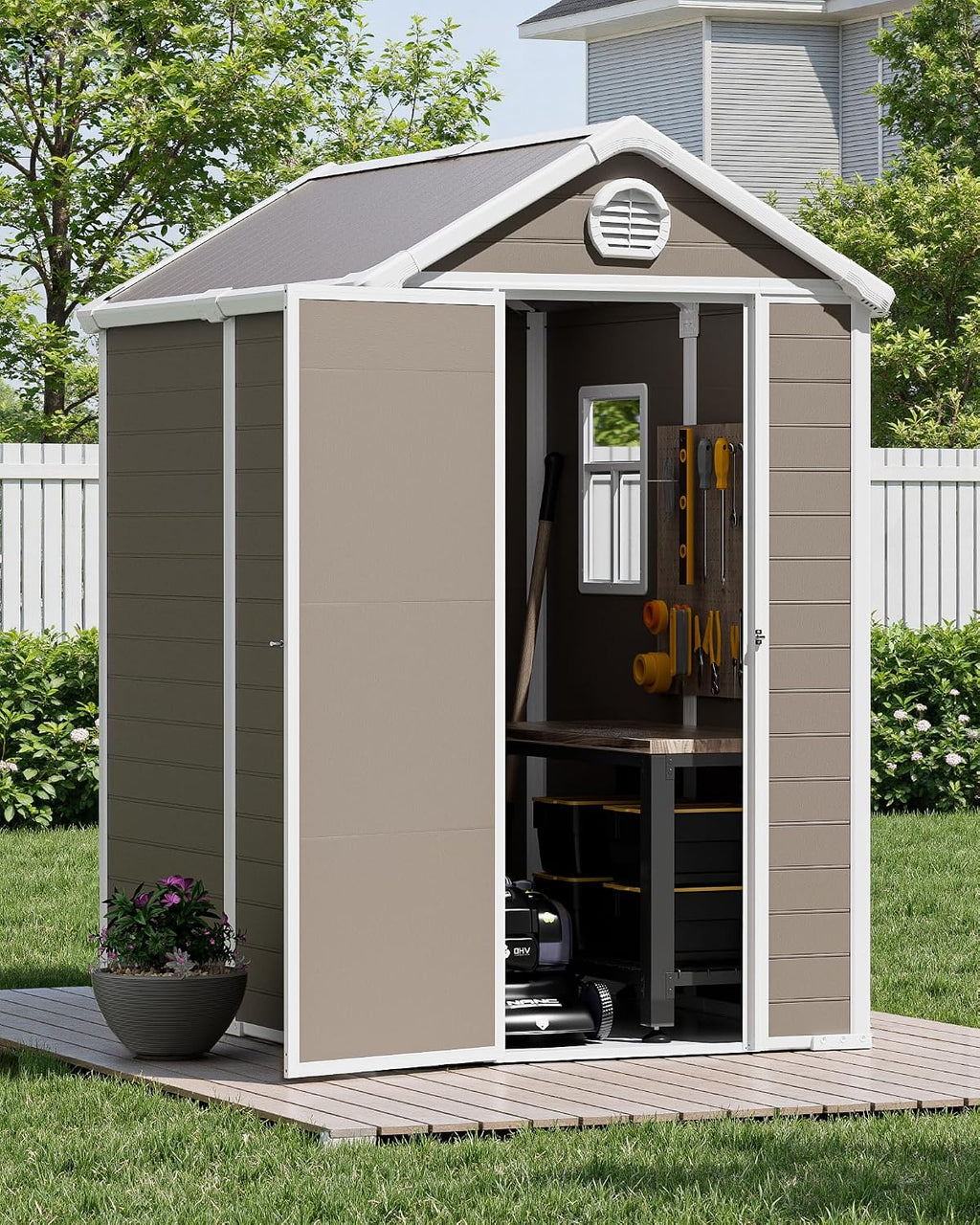 6x4.5 Resin Outdoor Storage Shed with Enhanced Roof Runoff & Floor, Secure Hidden Screws Design, Durable Build for Deck, Pool Supplies, and Versatile Storage, Warm Grey
