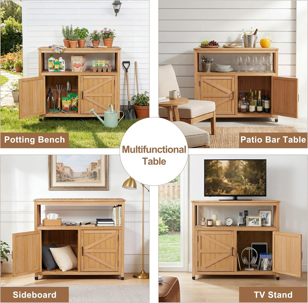 Mederlo Wooden Patio Bar Table with Storage, Cedar Outdoor Buffet Cabinet Sideboard, 42 x 18 x 37 in Serving Station with Double-Layer Tabletop for Patio, Deck, Backyard, Indoor
