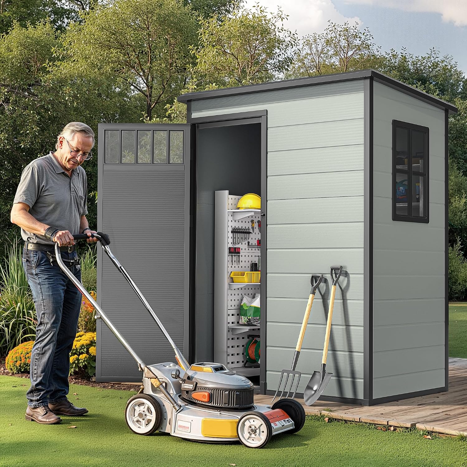 DWVO Outdoor Storage Shed 5x3FT with Fence-Style and Side Windows, Floor & Lockable Doors, Plastic Storage Shed, Storage Shed for Backyard and Garden