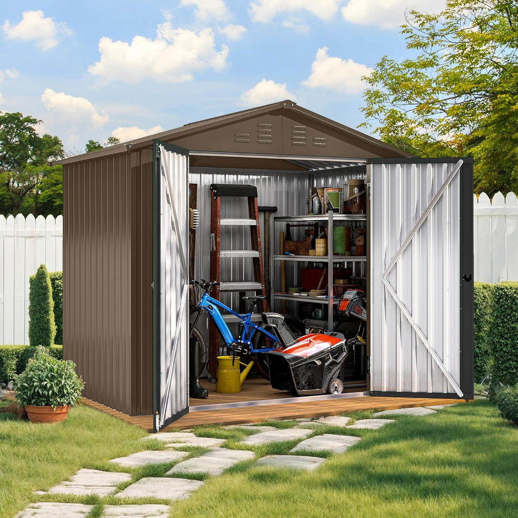 DWVO 6x4ft Outdoor Storage Shed, Lockable Metal Tool Storage Sheds, Waterproof Garden Sheds with Vents for Backyard, Patio, Garage, Lawn, Brown
