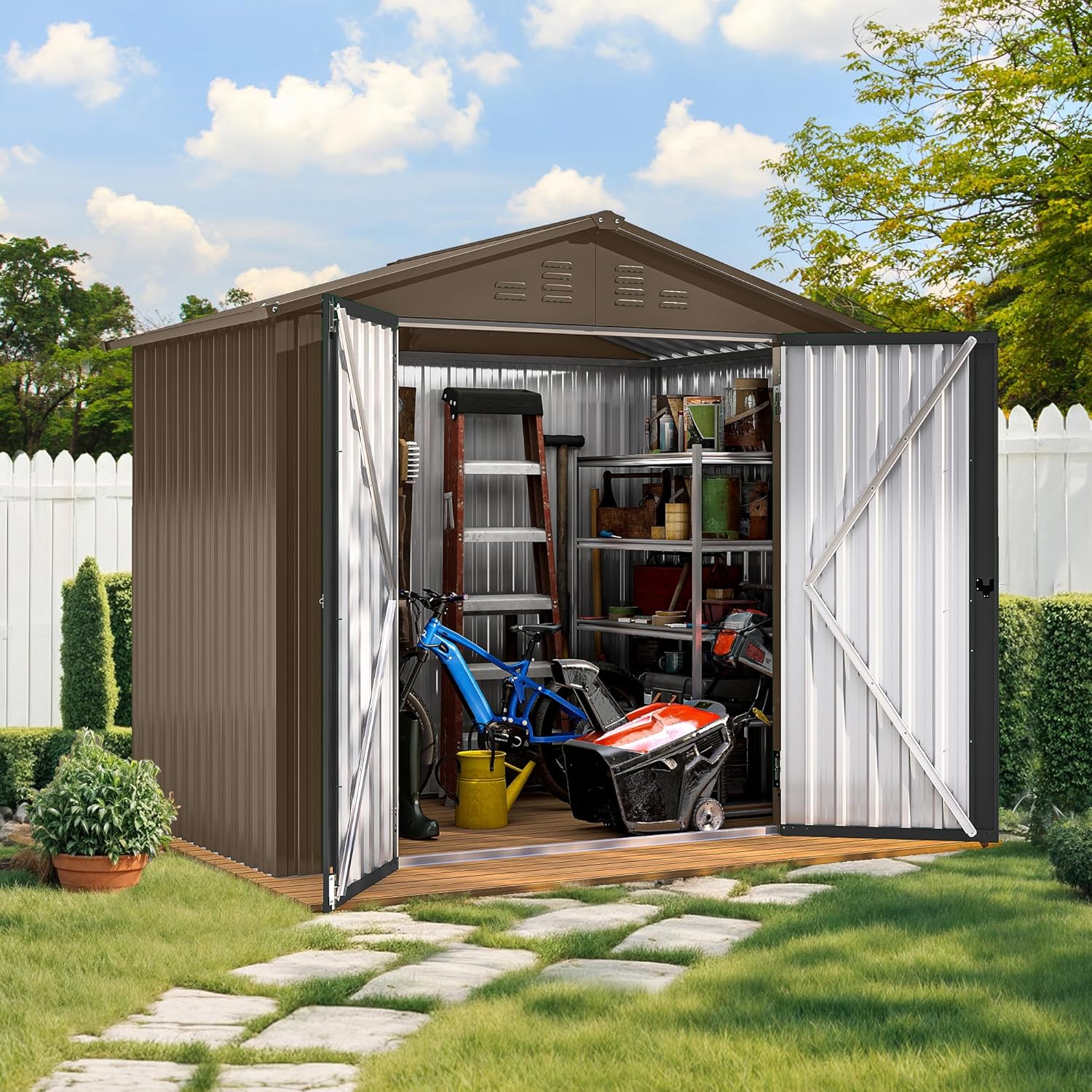 DWVO 6x4ft Outdoor Storage Shed, Lockable Metal Tool Storage Sheds, Waterproof Garden Sheds with Vents for Backyard, Patio, Garage, Lawn, Brown