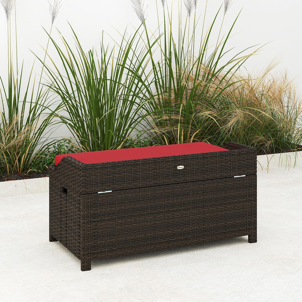 Outsunny 34 Gallon Outdoor Wicker Storage Bench Deck Box, PE Rattan Patio Furniture Pool Storage Bin Container with Interior Waterproof Cloth Bag and Comfortable Cushion, Red
