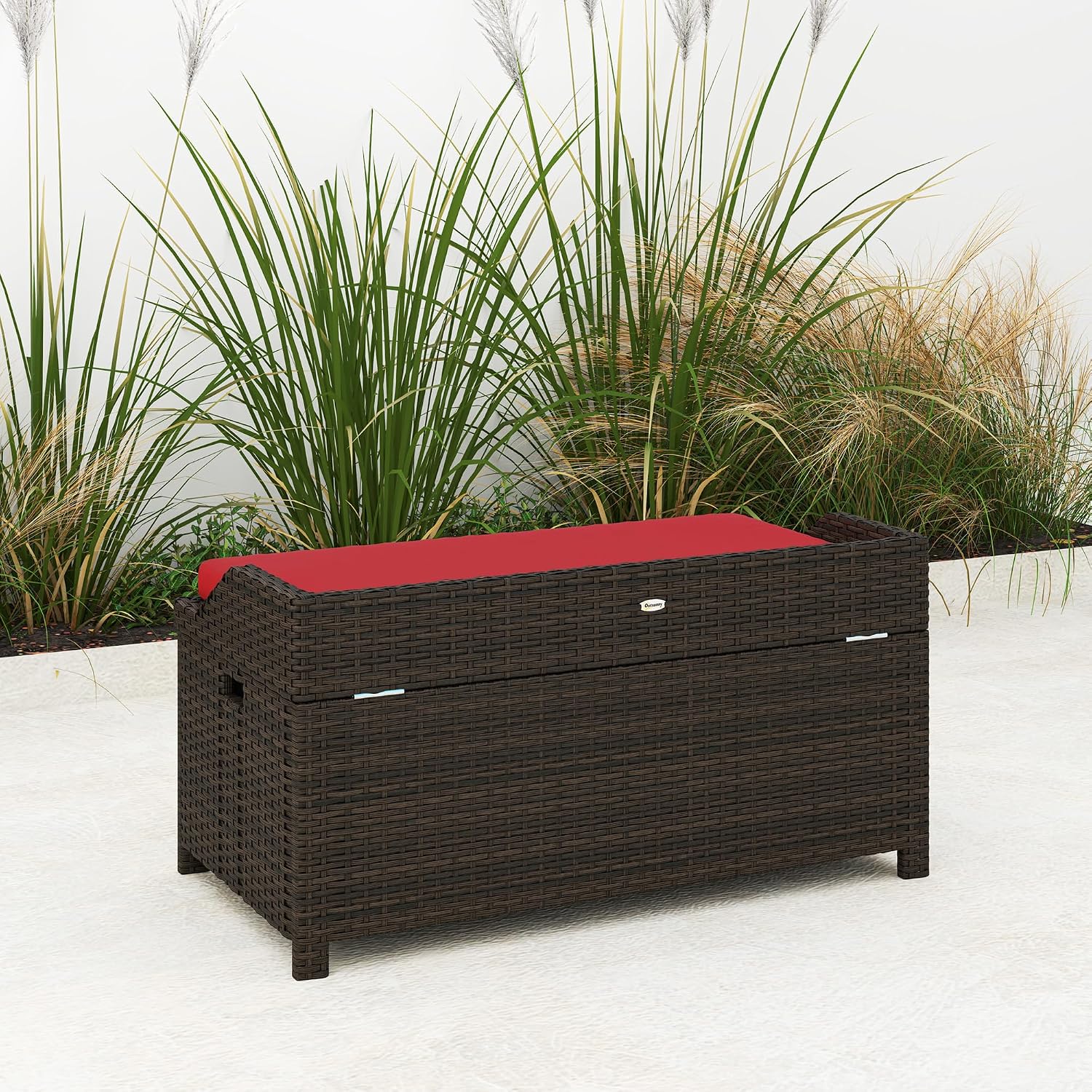 Outsunny 34 Gallon Outdoor Wicker Storage Bench Deck Box, PE Rattan Patio Furniture Pool Storage Bin Container with Interior Waterproof Cloth Bag and Comfortable Cushion, Red