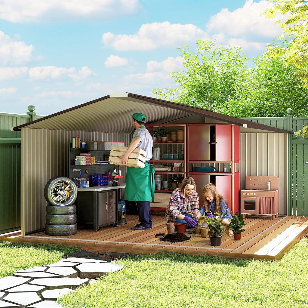 Outsunny 11' x 13' Outdoor Storage Shed, Garden Tool Metal Shed with Foundation Kit, Double Lockable Door, Air Vents and Sloping Roof, for Backyard, Patio, Lawn, Yellow
