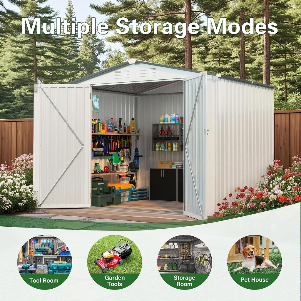 8x6 FT Outdoor Storage Shed, Metal Garden Shed with Window, Outside Tool Sheds with Lockable Hinged Doors, Waterproof Storage Building with 4 Air Vents for Backyard, Patio, Lawn, White