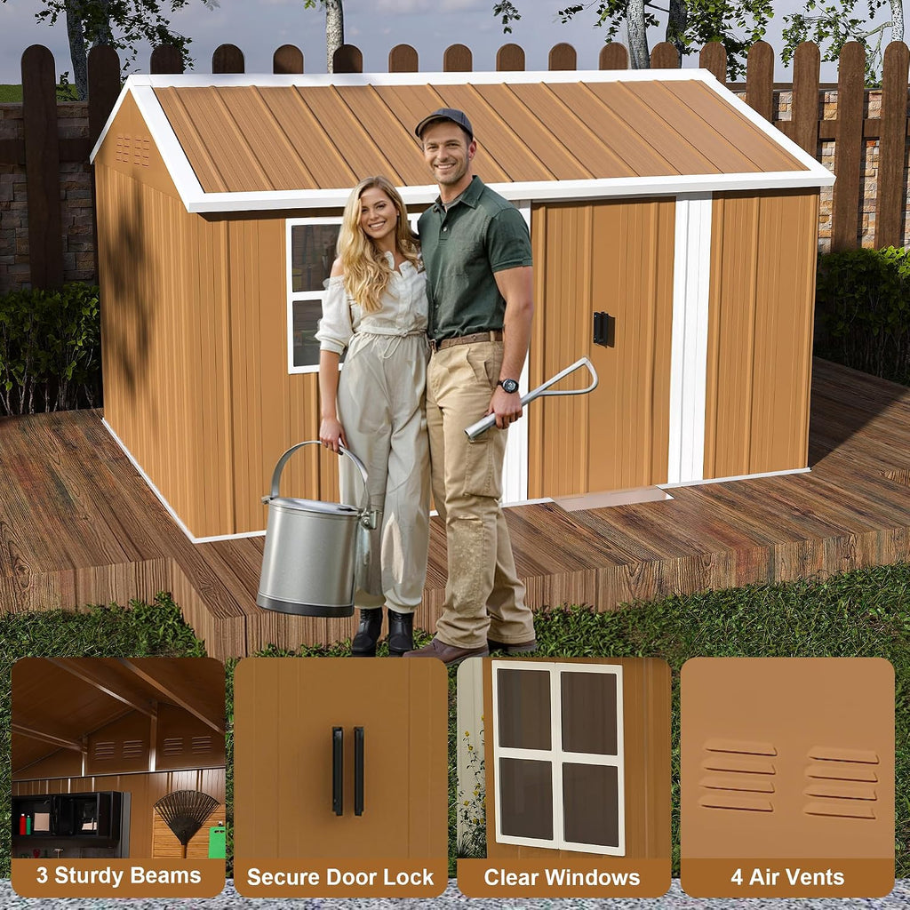 12x8 FT Heavy-Duty Metal Tool Shed with Windows, Lockable Door & Ventilation, Weatherproof Outdoor Garden Storage Shed for Backyard, Lawn, and Tool Organization, Brown