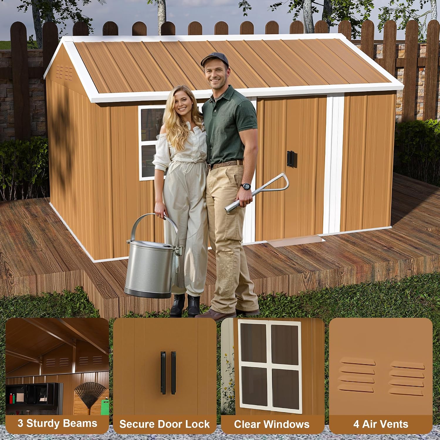 12x8 FT Heavy-Duty Metal Tool Shed with Windows, Lockable Door & Ventilation, Weatherproof Outdoor Garden Storage Shed for Backyard, Lawn, and Tool Organization, Brown
