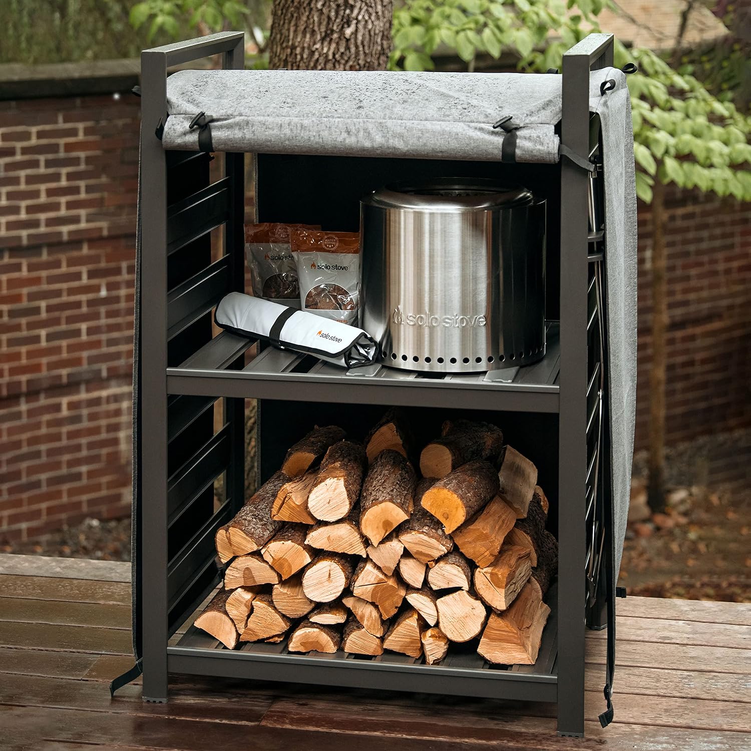 Solo Stove Station 4.4ft with UV Coated Cover Aluminum Firewood Rack for Fire Pits, Patio Logs, and Outdoor Tools Accessories, Flexible Wood Rack with Two Shelf Organization Log Rack, Grey
