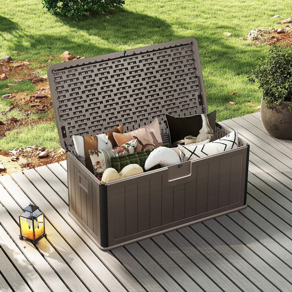 HAPPYGRILL Outdoor Storage Deck Box with Lockable Design & Gas Strut, Handle, 100 Gallon HDPE Patio Storage Organizer for Lawn Backyard Poolside (Brown)