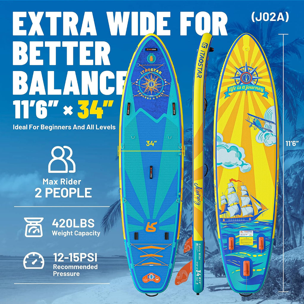 iTAOSTAR Journey 11'6' / 11'×34' / 11'×35' Extra Wide Paddle Board, One-Stop Premium SUP Board Accessories, Tailored Fins, Stable Inflatable Stand Up Paddle Boards for Youth/Adults of All Skill Levels