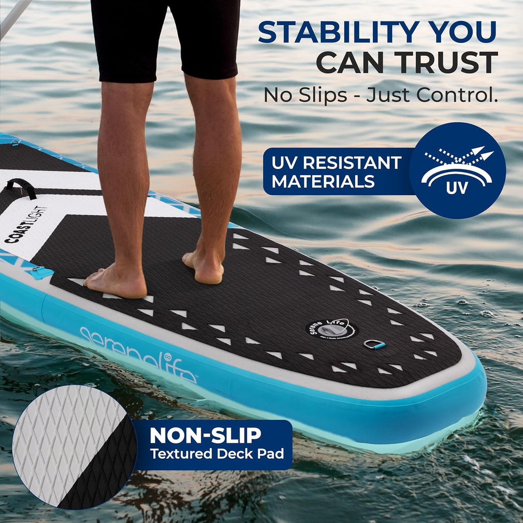 SereneLife Inflatable Stand Up Paddle Board, Wide Stable Design with Non-Slip EVA Deck Pad, Includes Premium SUP Accessories, for Youth and Adults