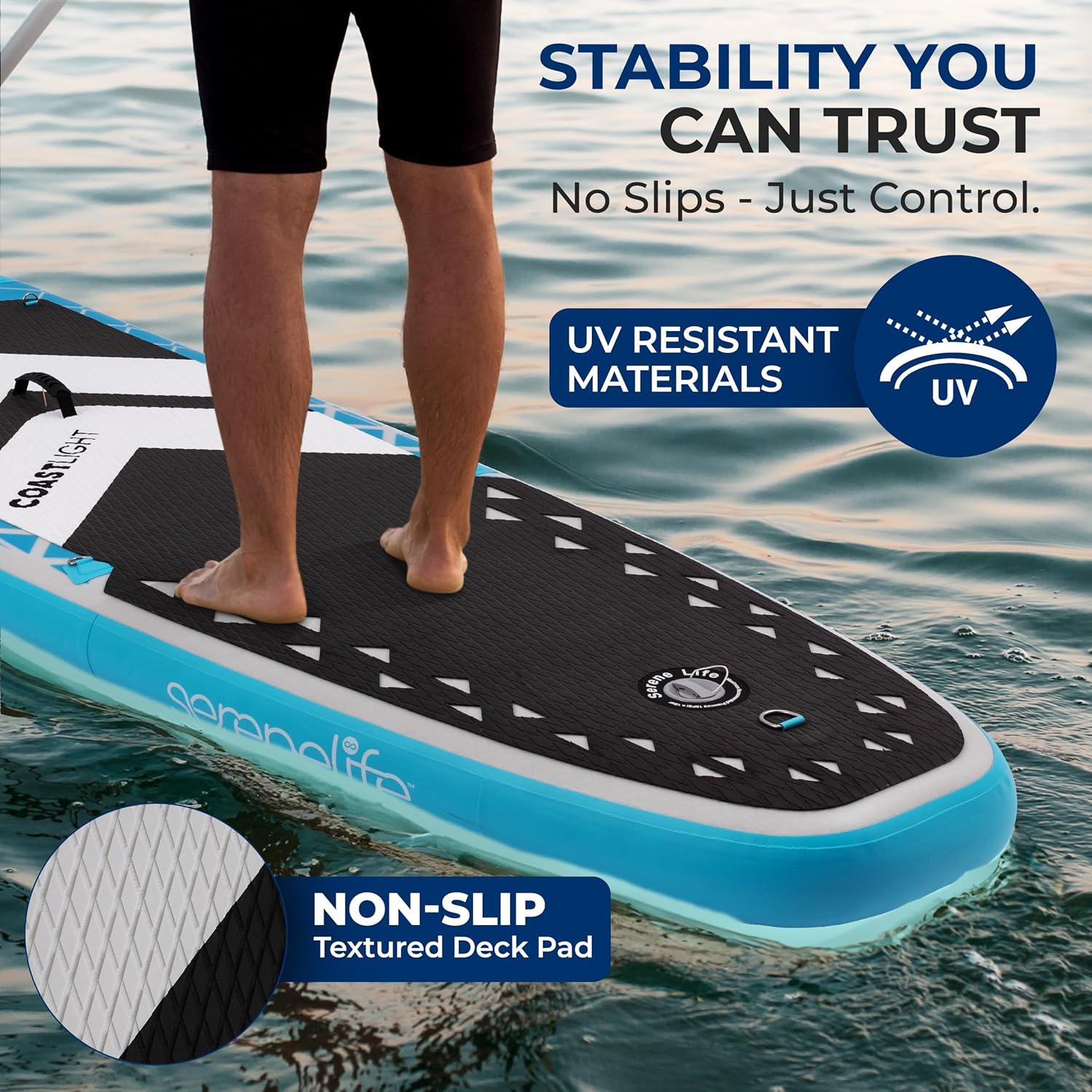 SereneLife Inflatable Stand Up Paddle Board, Wide Stable Design with Non-Slip EVA Deck Pad, Includes Premium SUP Accessories, for Youth and Adults