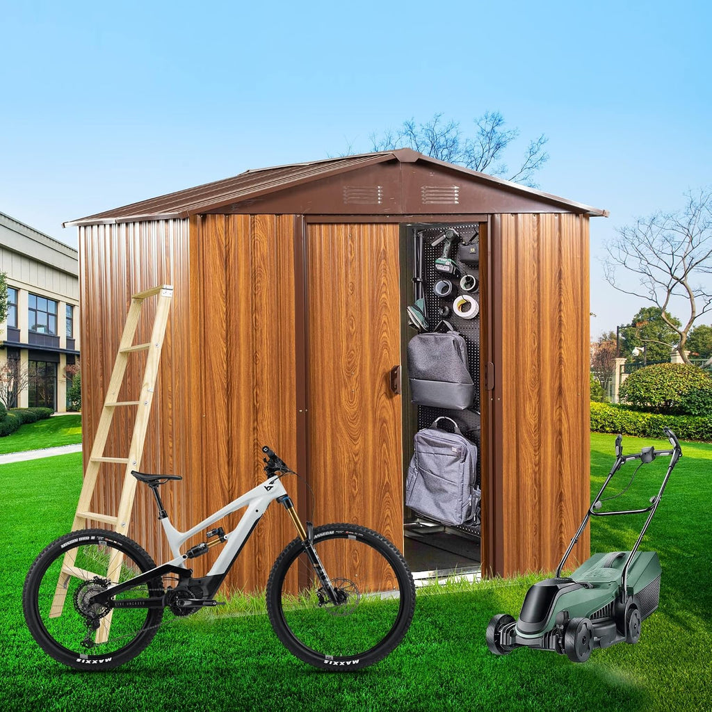 6 x 6 FT Outdoor Storage Shed, Metal Garden Shed with Floor Frame, Tool Shed Outdoor Storage with Lockable Sliding Doors & Air Vents, Storage House Waterproof for Backyard, Lawn, Coffee