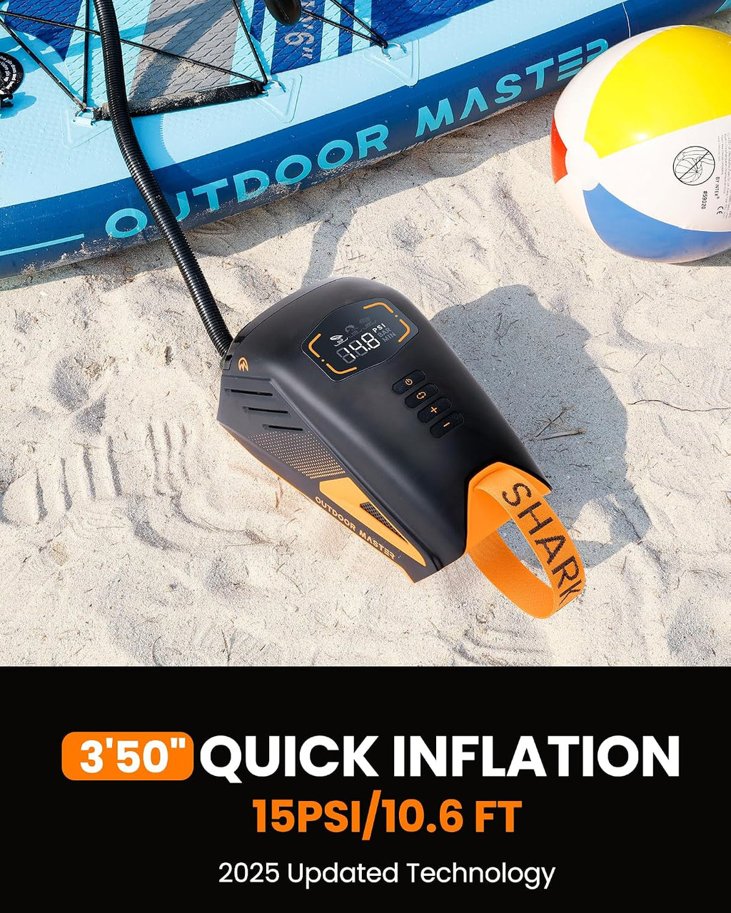 OutdoorMaster Shark 3 Paddle Board Pump Electric - 3'50' Fast Inflation, 20PSI 74Wh Rechargeable SUP Air Pump- Auto-Off & Deflation, 12V/15.8V DC & Type-C Input, 8 Nozzles for Inflatables, Boats,Kites