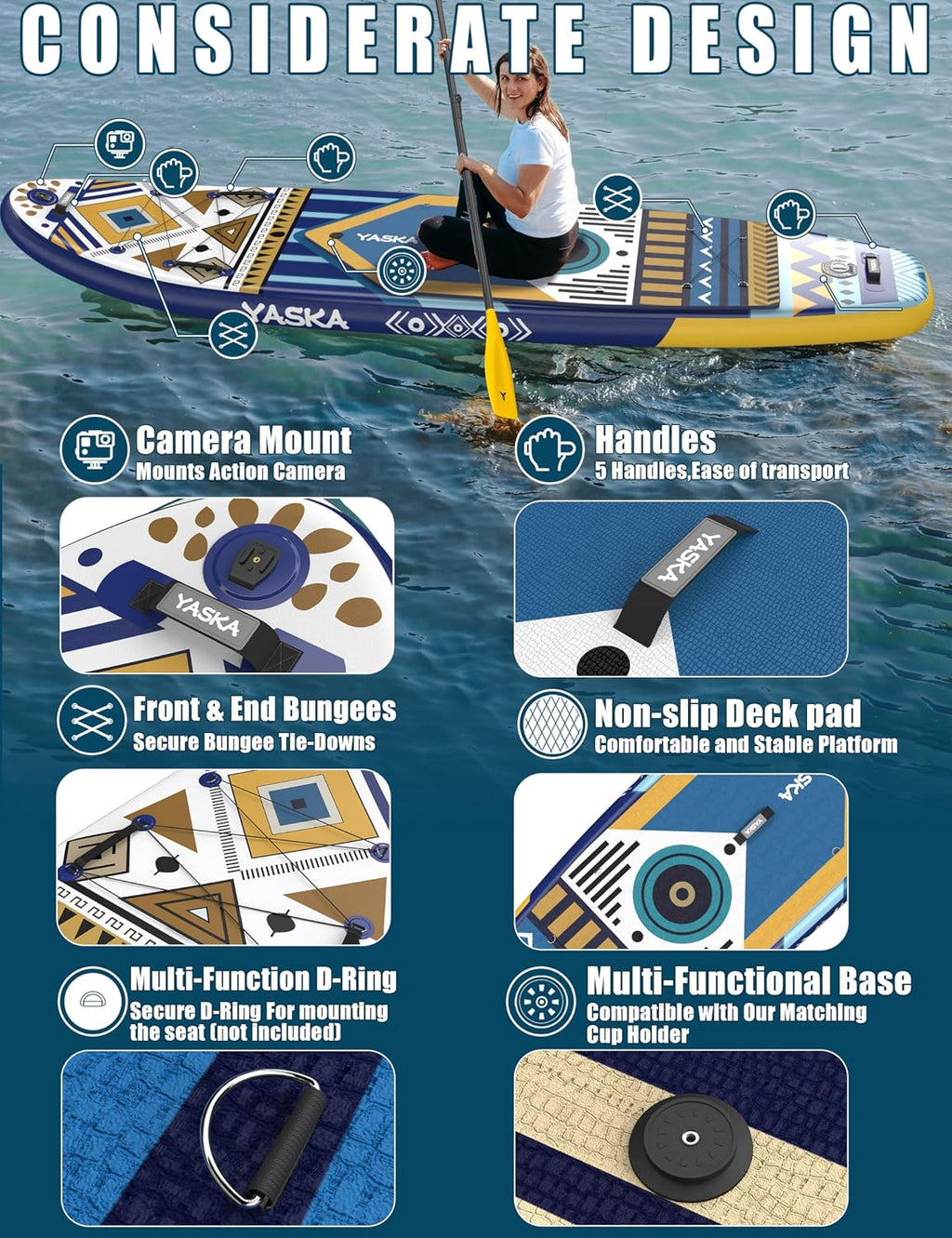 YASKA Inflatable Stand up Paddle Board 11ft with Premium SUP Accessories,Extra Wide Design Non-Slip Paddleboard for Beginner Adults Advenor Yoga Fishing