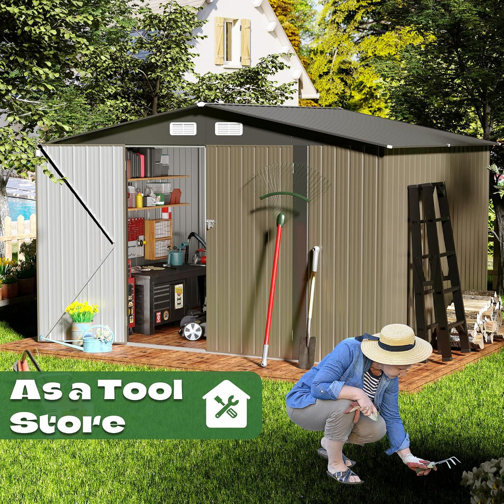 8' x10' Outdoor Metal Storage Shed, Outdoor Metal Shed, All-Weather Resistant Steel Garden Shed with Double Lockable Door, Waterproof Garden Tool Storage Shed for Patio, Backyard, Lawn