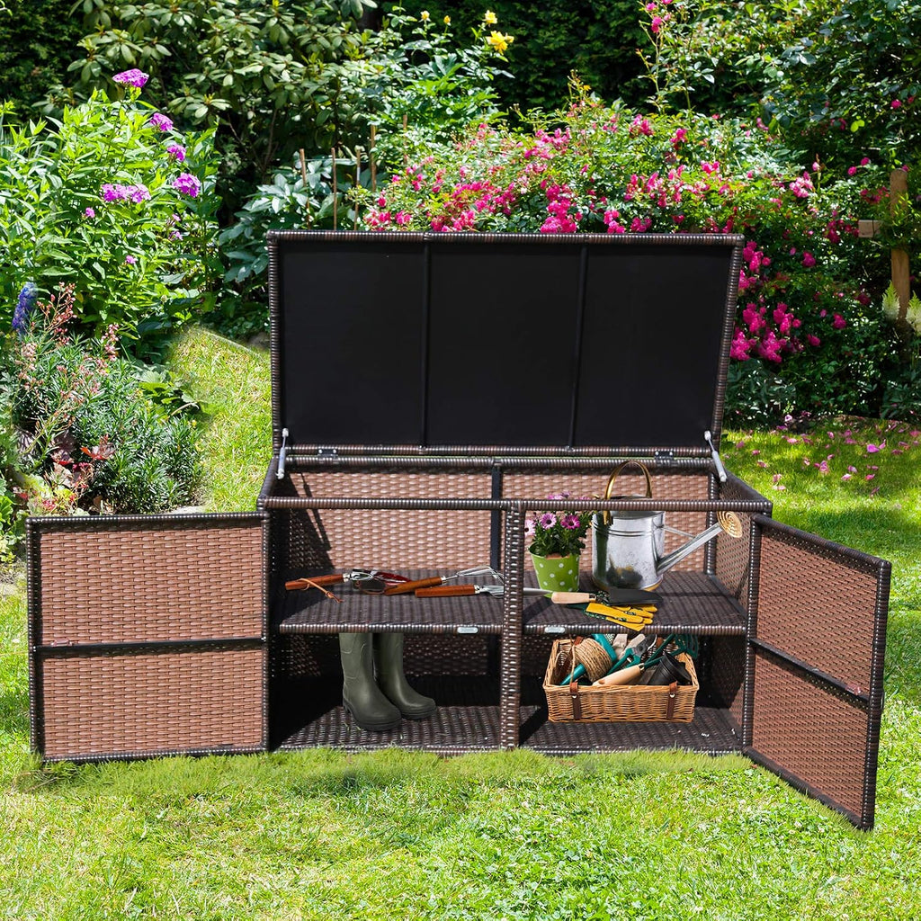HAPPYGRILL Deck Box Outdoor Wicker Storage Box Cabinet 73 Gallon Storage Container Bin Box for Furniture Tools in Garden Balcony Porch Yard
