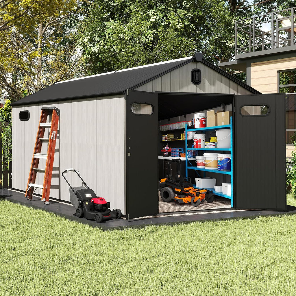 Domi 8x12FT Outdoor Resin Storage Shed with Transparent Windows & Louvered Vents, Outdoor Plastic Tool Shed with Double Lockable Doors & Gable Roof, Outside Garden Shed for Backyard, Patio, Lawn, Grey