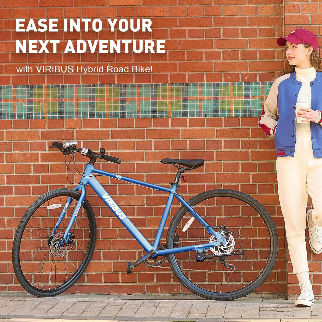VIRIBUS Hybrid Bikes, 28 inch Mens Bike with Lightweight Aluminum Frame and Disc Brakes, 700C Bikes for Tall Men, 7 Speed Vintage Retro Hybrid Bicycles for City Commuters, Adult Road Bike, Blue
