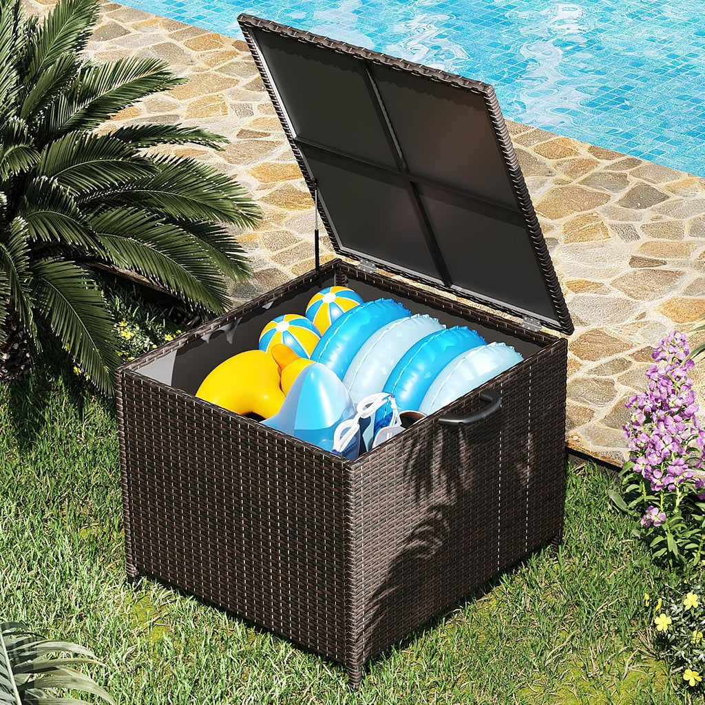 Large Deck Box Waterproof PE Rattan Outdoor Storage Box with Handles and Wheels, Storage Bin for Garden, Balcony, Porch, Pool, Yard (Brown, 80 US Gallon)
