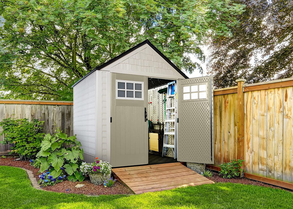 Rubbermaid 7 Foot by 7 Foot Weatherproof Outdoor Storage Shed for Garden Tools and Lawn Machinery Organization with Lockable Double Door Sandstone