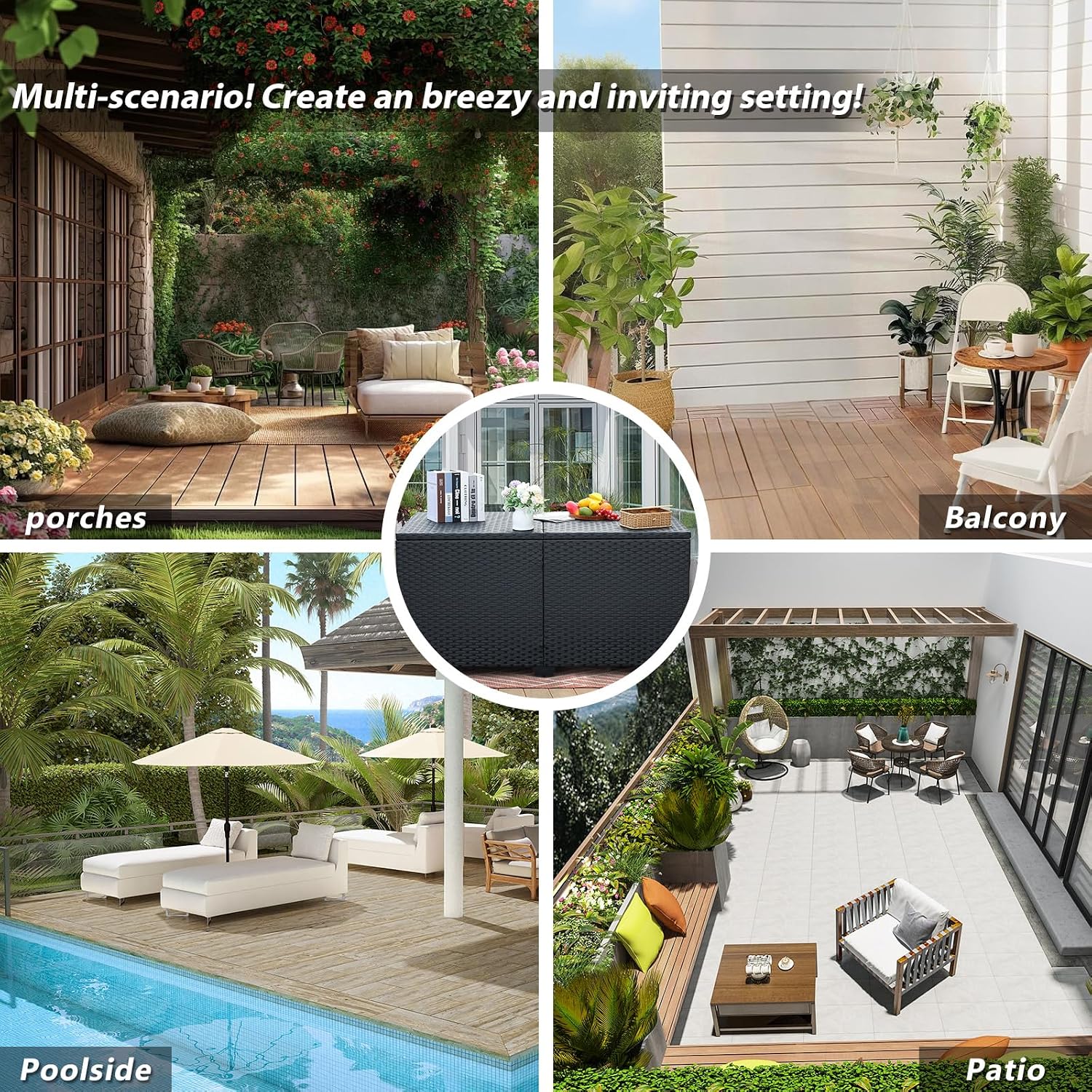 Rattan Star 180 Gallon Outdoor Storage Box Deck Storage Box Cushion Storage Bin Outdoor Large Patio Storage Bin with Waterproof Lining Bag, Black Wicker