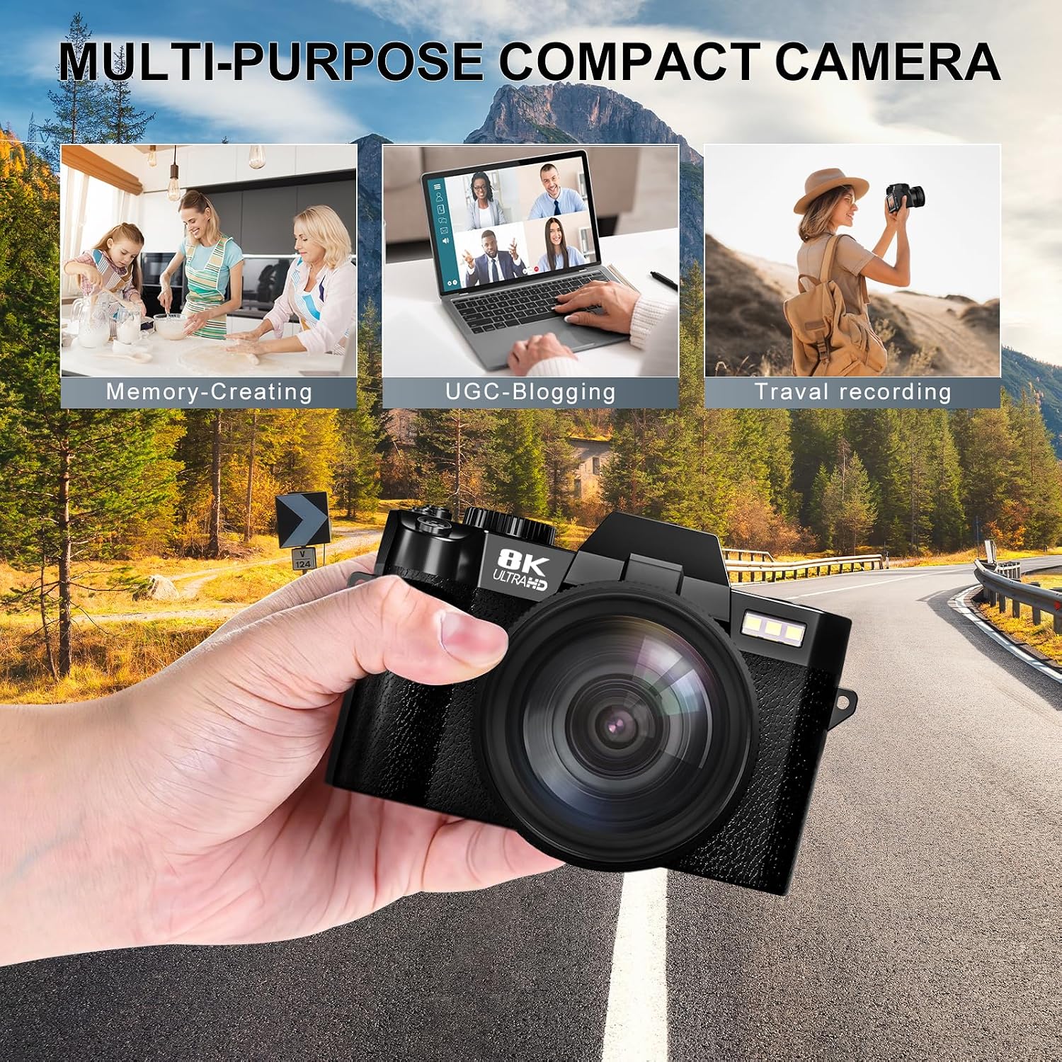 8K Digital Cameras for Photography, 64MP vlogging Camera with 180°Flip Screen，2 Batteries, 64GB TF Card，16X Zoom, WiFi,Microphone, Wide & Macro Lens Kit (Black)