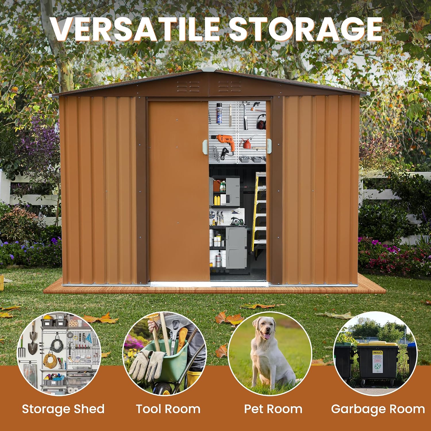 8x8 FT Outdoor Storage Shed Metal Garden Shed Updated Frame Structure with Lockable Sliding Door, Steel Anti-Corrosion Outside Sheds Waterproof for Backyard, Pool, Patio, Coffee