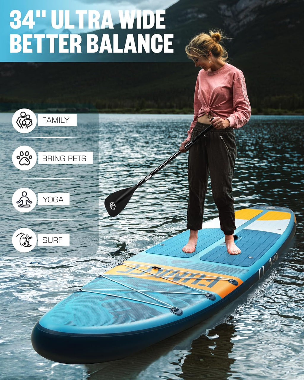 11'×34'×6' Extra Wide Inflatable Stand Up Paddle Board, Sup Board with Removable Fins, Backpack, Floating Paddle, Safety Leash, Floating Phone Case for Adults & Youth of All Skill Levels