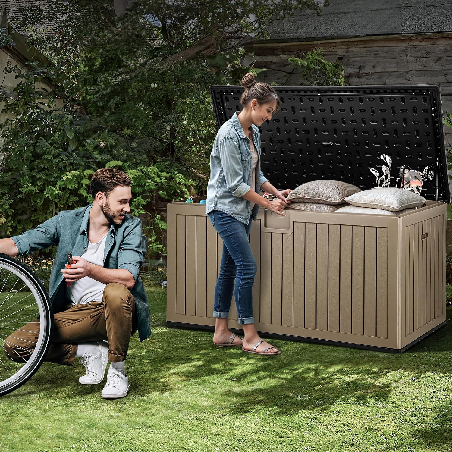 YITAHOME 260 Gallon Large Deck Box with Divider & Side Handles, Outdoor Double-Wall Storage for Patio Furniture Cushions, Garden Pool Accessories, Waterproof & Lockable