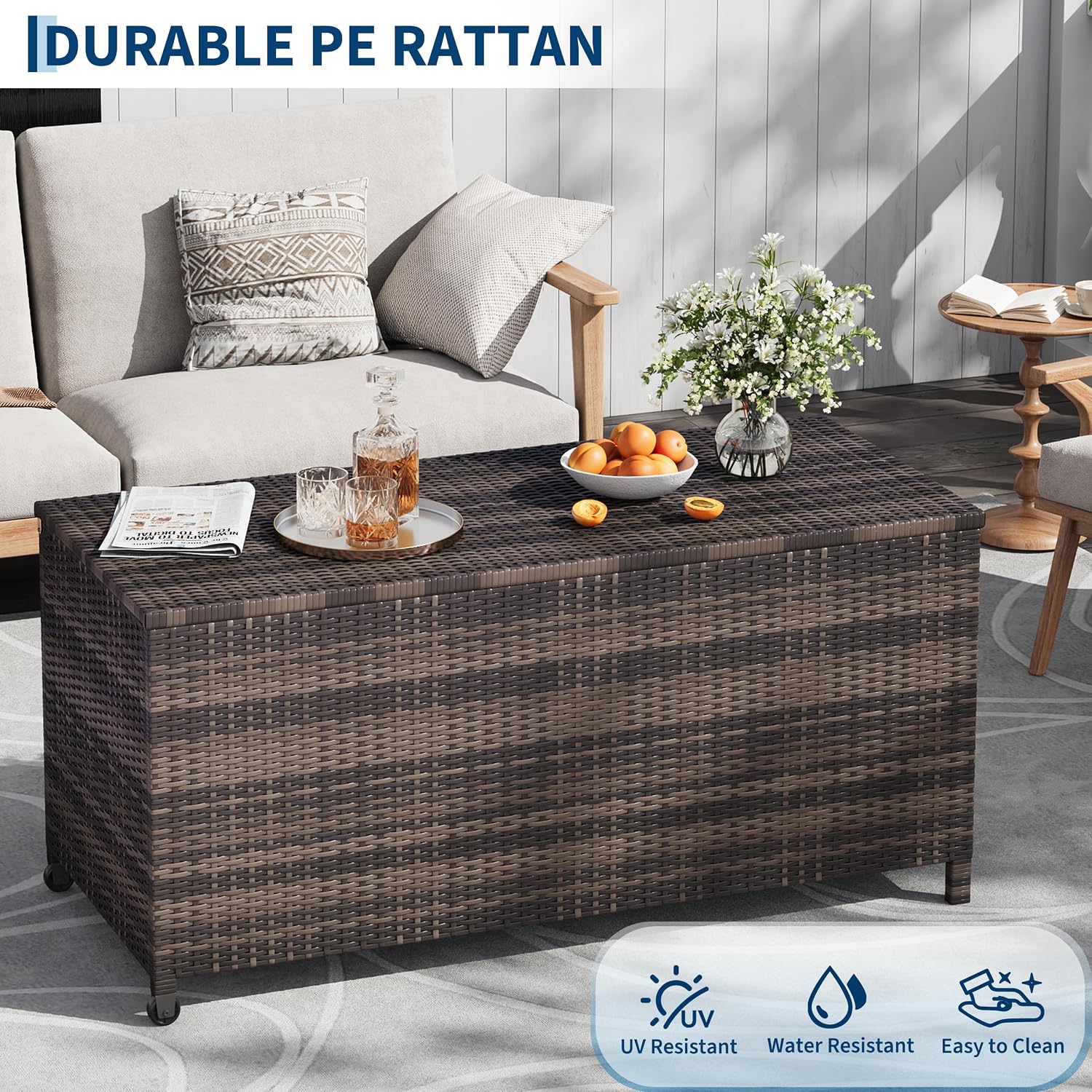 125 Gallon Large Deck Box Waterproof PE Rattan Outdoor Storage Box with Handles and Wheels, Storage Bin for Garden, Balcony, Porch, Pool, Yard