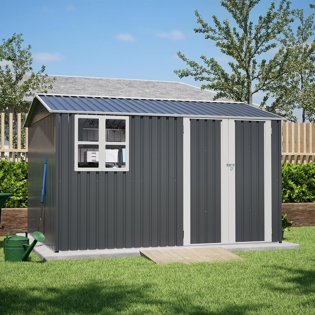 YOPTO 10X8 FT Outdoor Storage Shed,Metal Shed W/Window,Floor Frame & Lockable Swing Door,Garden Tool House W/ 4 Air Vents & Sloped Roof,for Backyard Patio Lawn,Gray