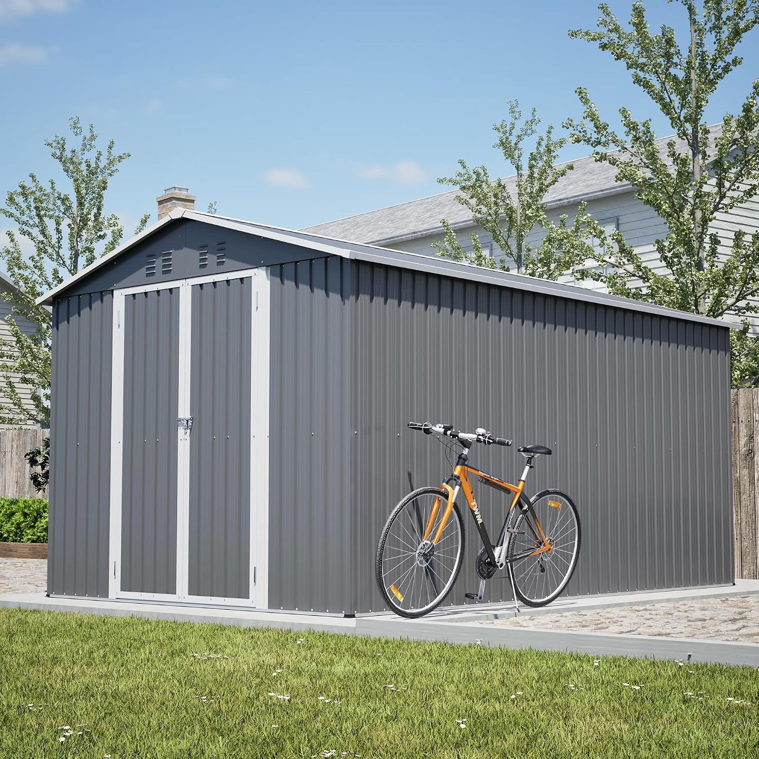 YOPTO 8x12 FT Metal Outdoor Storage Shed,Garden Shed W/ 2 Reversible Lockable Doors & Updated Frame Structure,Outdoor Backyard Tool House W/ 4 Air Vents & Sloped Roof,for Patio,Lawn,Grey