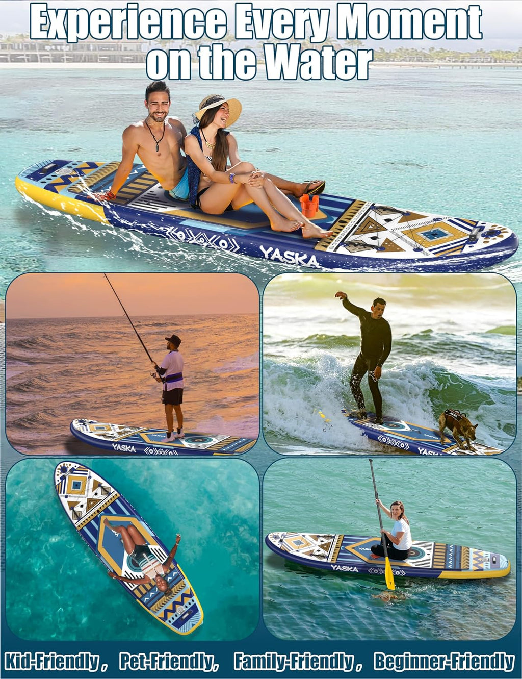YASKA Inflatable Stand up Paddle Board 11ft with Premium SUP Accessories,Extra Wide Design Non-Slip Paddleboard for Beginner Adults Advenor Yoga Fishing