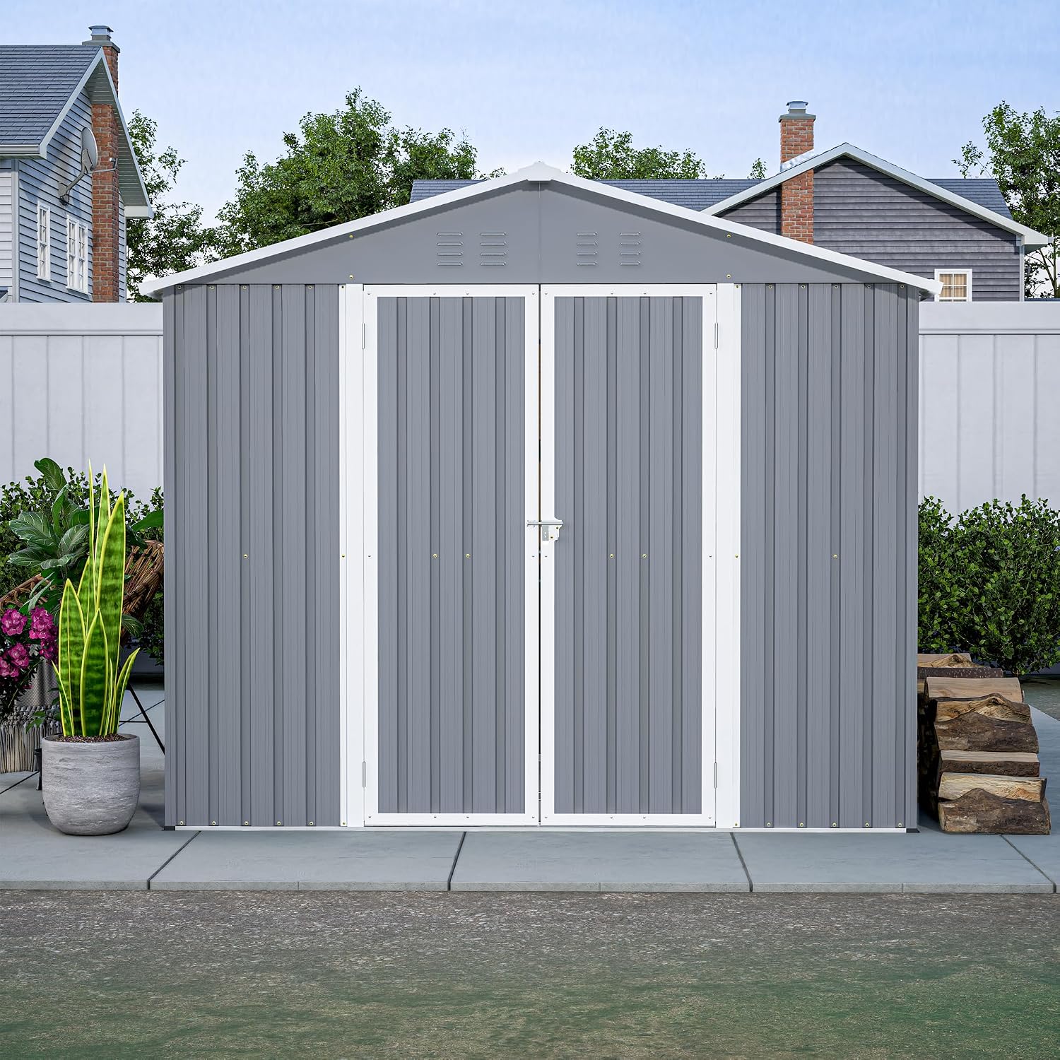 YOPTO 8x12 FT Outdoor Storage Shed W/Floor Frame,Metal Shed W/Double Lockable Doors,Garden Tool House W/ 2 Vents & Sloped Roof,for Backyard Patio Lawn,Gray