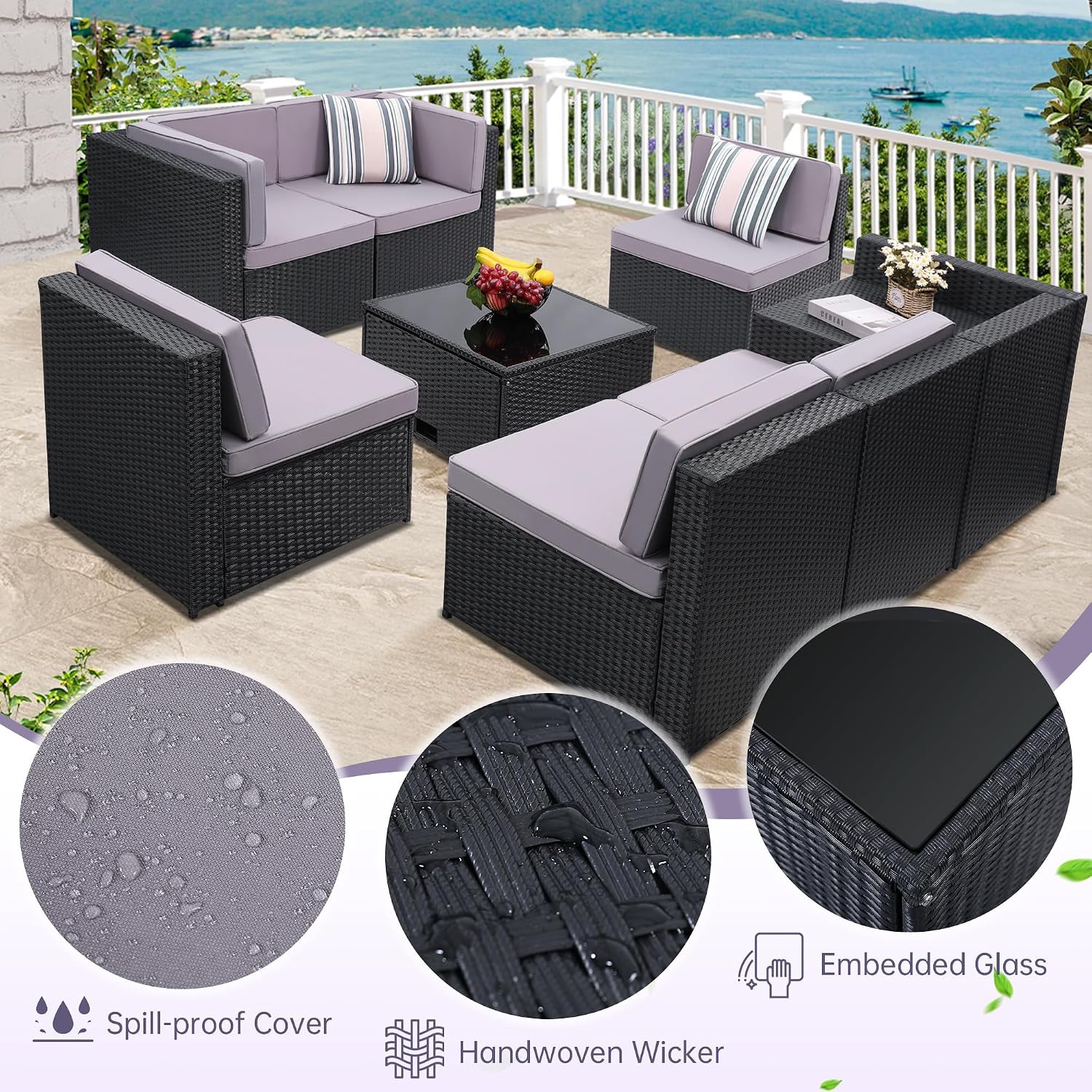 KROFEM 8-Piece Patio Furniture Set, Outdoor Wicker Rattan Sectional with Thick Cushions, Glass Top Table with Hidden Storage, Outdoor Conversation Set for Backyard, Porch, Patio, Black and Grey