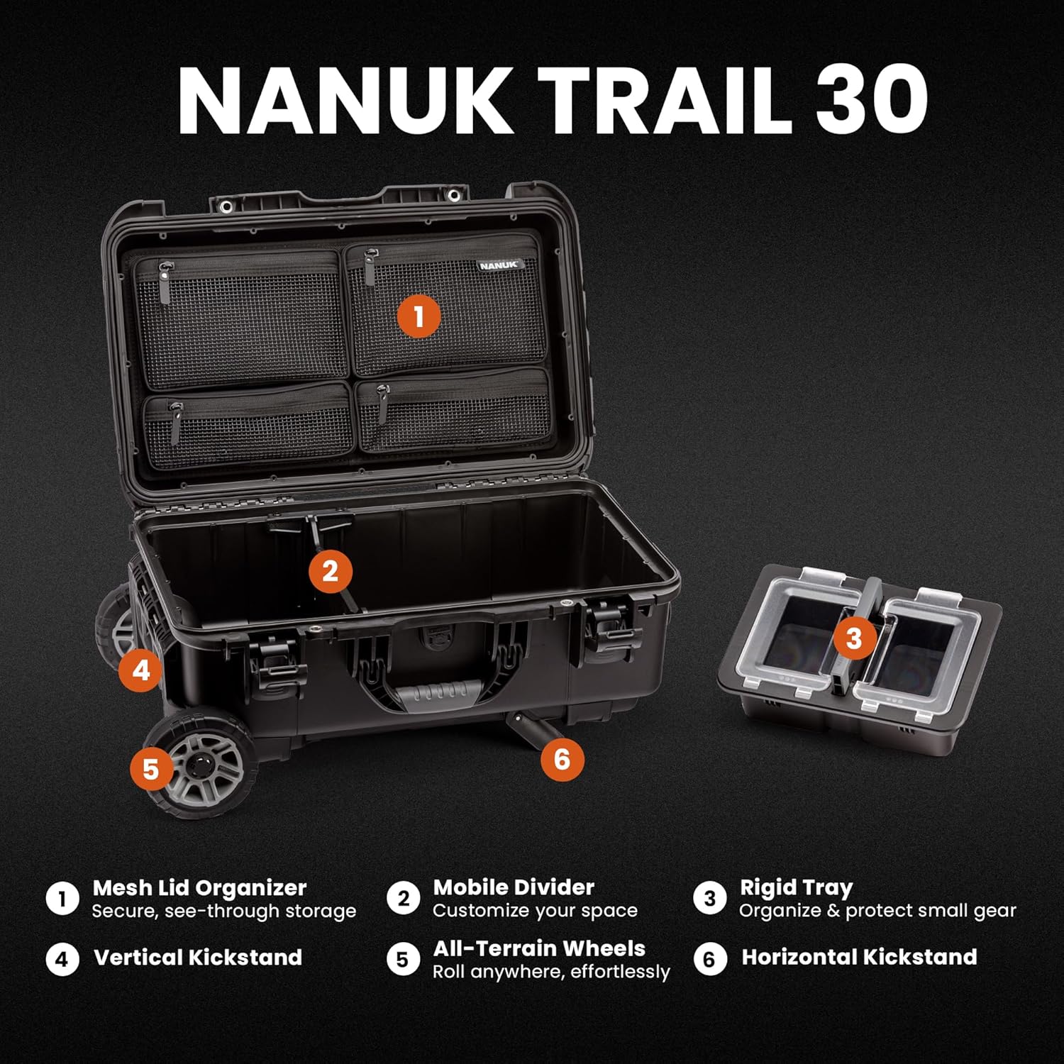 NANUK Trail 30 – 28.5L (7.5-Gallon) Waterproof Storage Box – Wheeled and Modular Cargo Case for Camping, Fishing, Hunting & Outdoor Storage - Dustproof and Impact Resistant (22' x 14' x 9') – Black